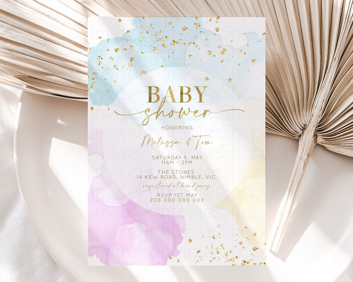 Rainbow Baby Shower Invitation Pastel Colors Invitation Watercolor Splash Baby Shower Gold Splatter Glitter Sprinkles Confetti Neutral 190V2