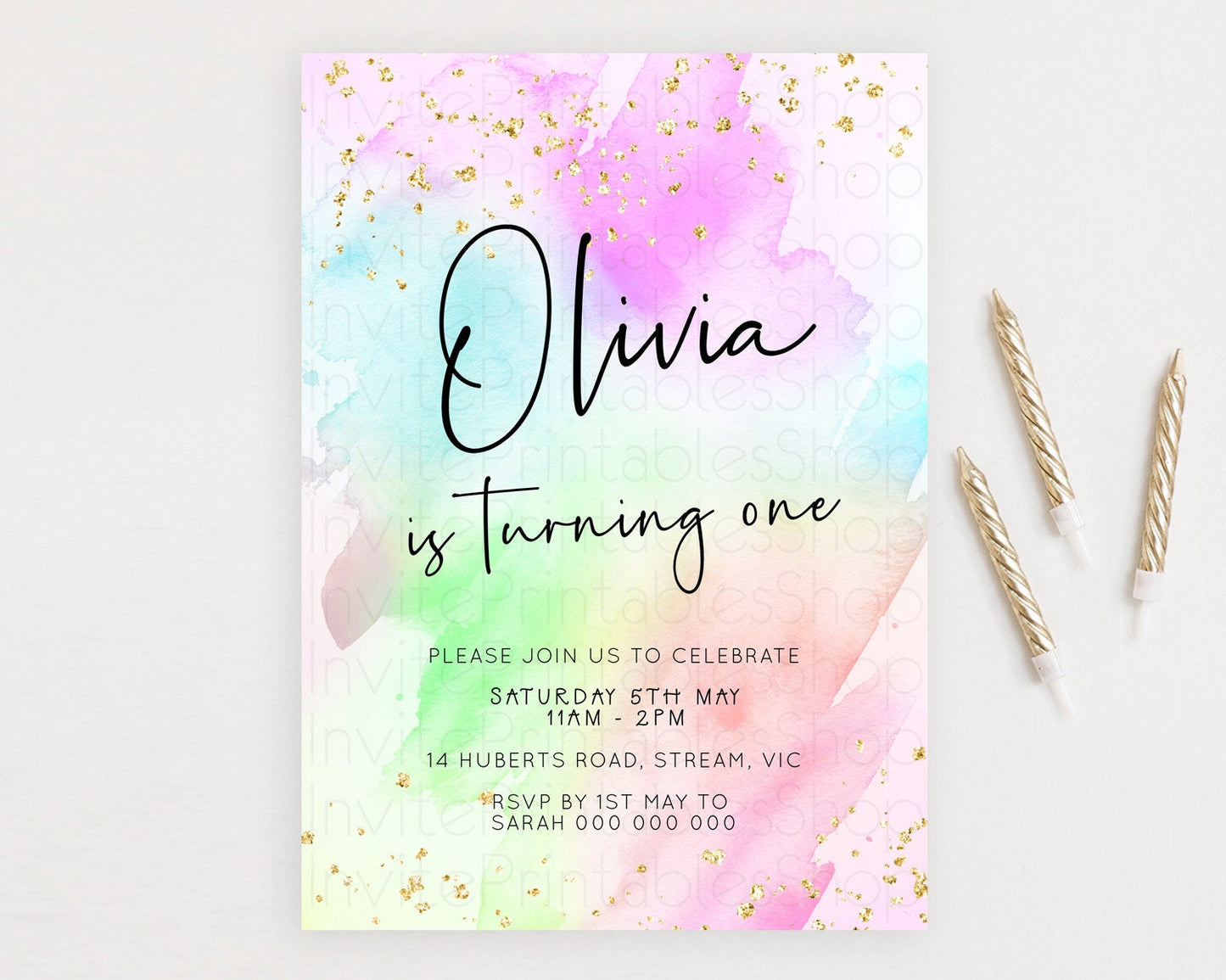 Pastel Birthday Invitation Ombre Watercolor Birthday Invitation Glitter Rainbow Color Splash 1st 2nd 3rd Birthday Invitation D23072