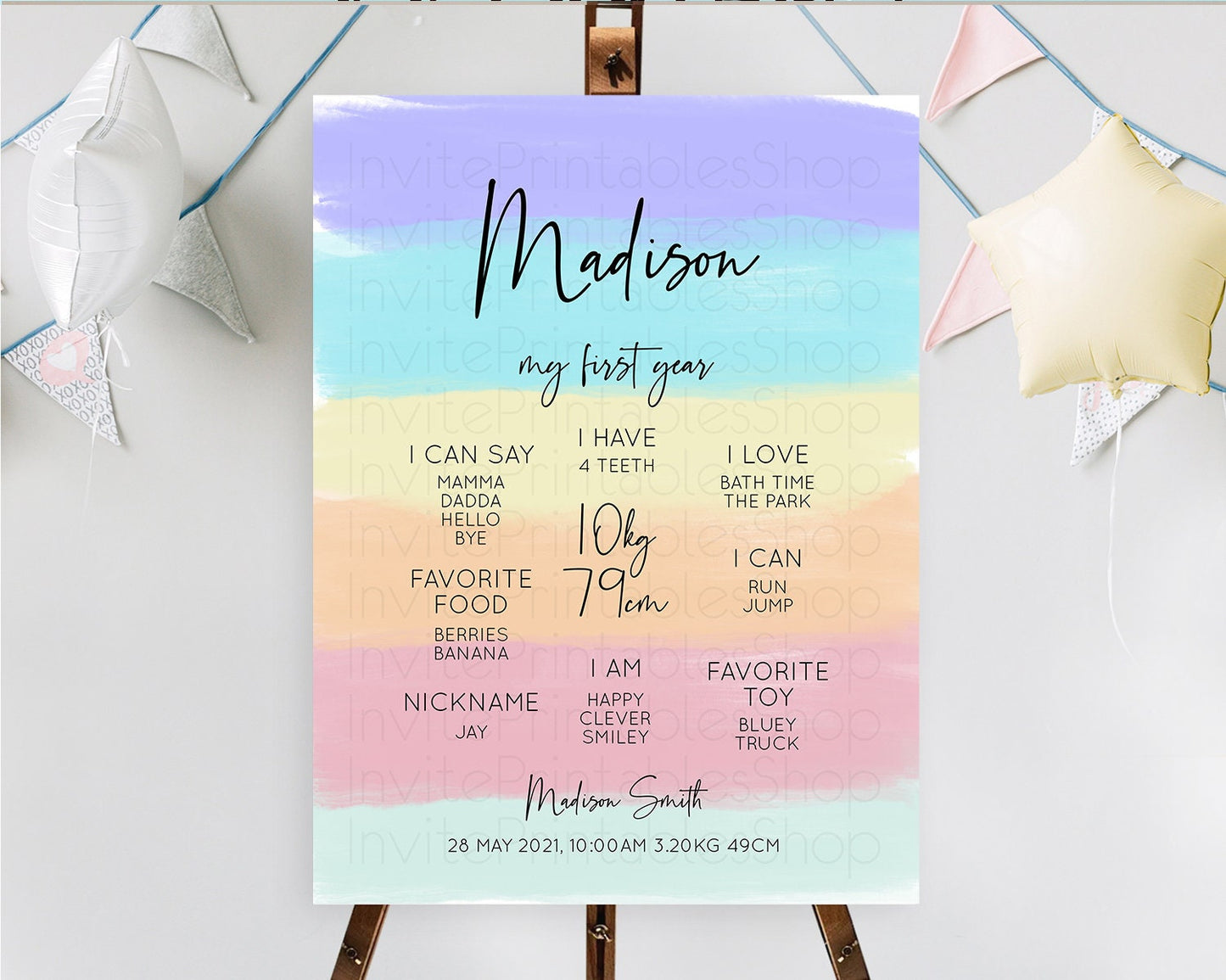 Pastel First Birthday Milestone Board Pastel Rainbow Milestone Poster Colorful Confetti Watercolor Glitter 1st Birthday Welcome Sign D10510