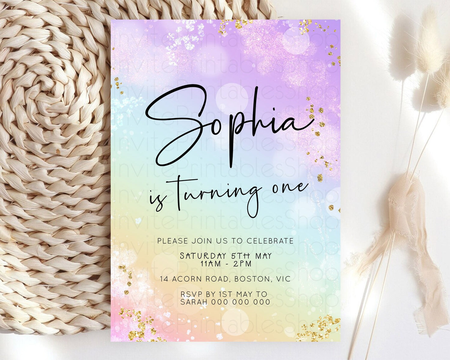 Pastel Birthday Invitation Ombre Watercolor Birthday Invitation Glitter Rainbow Color Splash 1st 2nd 3rd Birthday Invitation D23107