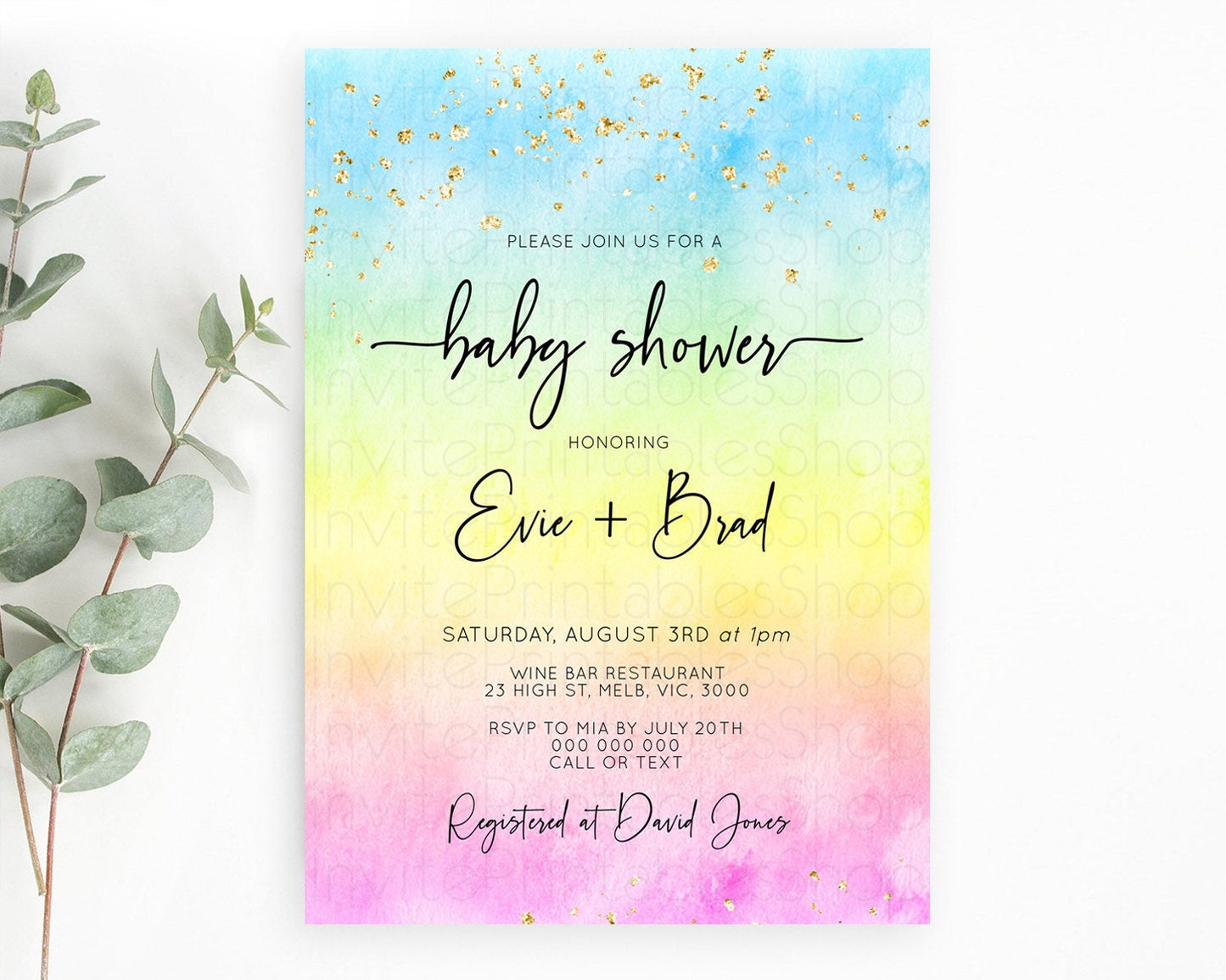 Pastel Baby Shower Invitation Rainbow Baby Shower Invitation Colorful Pastel Watercolor Invitation Gold Glitter Sprinkles Ombre D10480