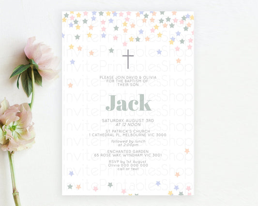 Star Baptism Invitation Pastel Stars Baptism 1st Birthday Invitation Rainbow Colors Confetti Twinkle Little Star Christening Invite D10795