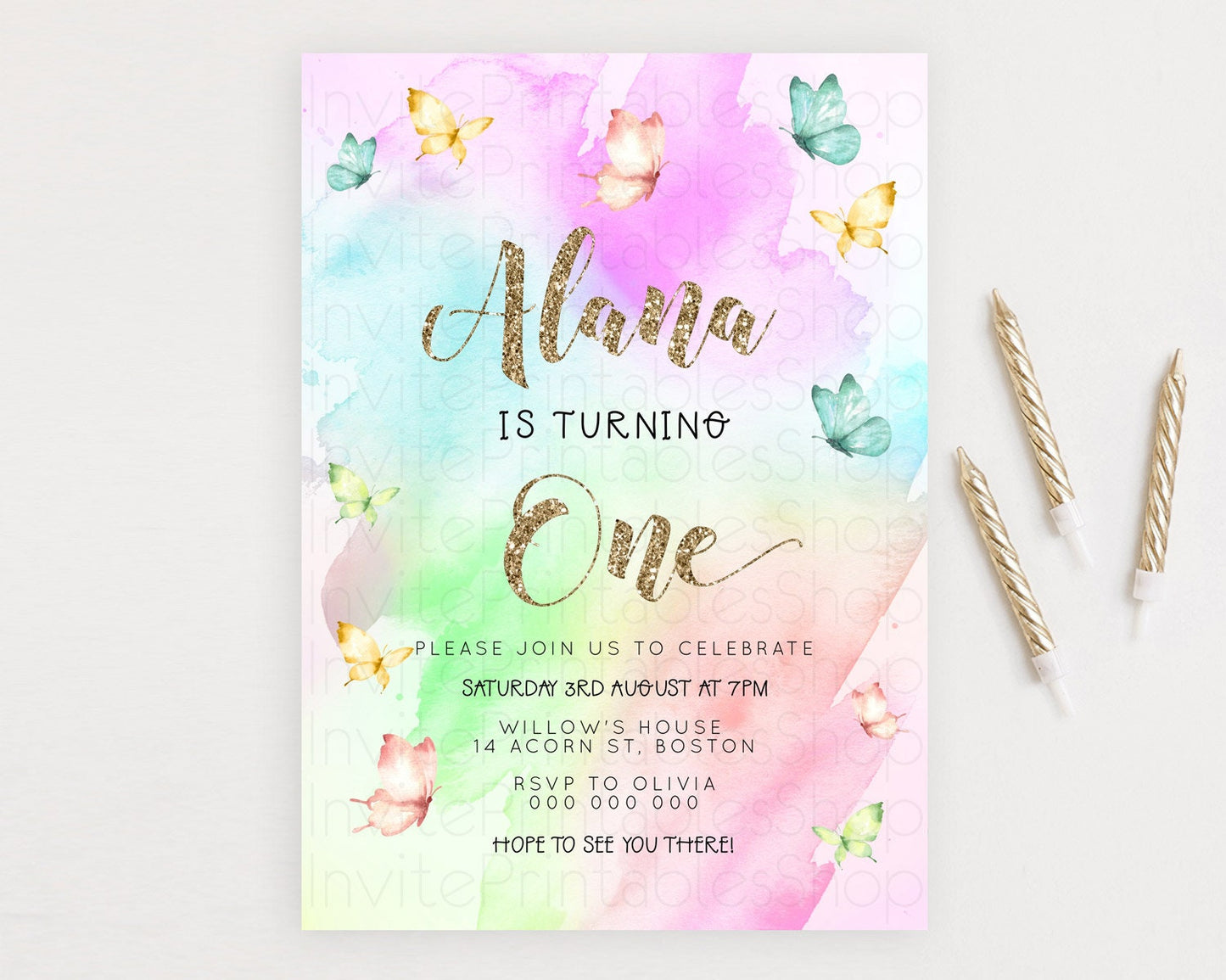 Pastel Butterfly Birthday Invitation Butterfly Birthday Invitation Colorful Splash Glitter Butterfly Garden 1st 2nd Birthday D23256