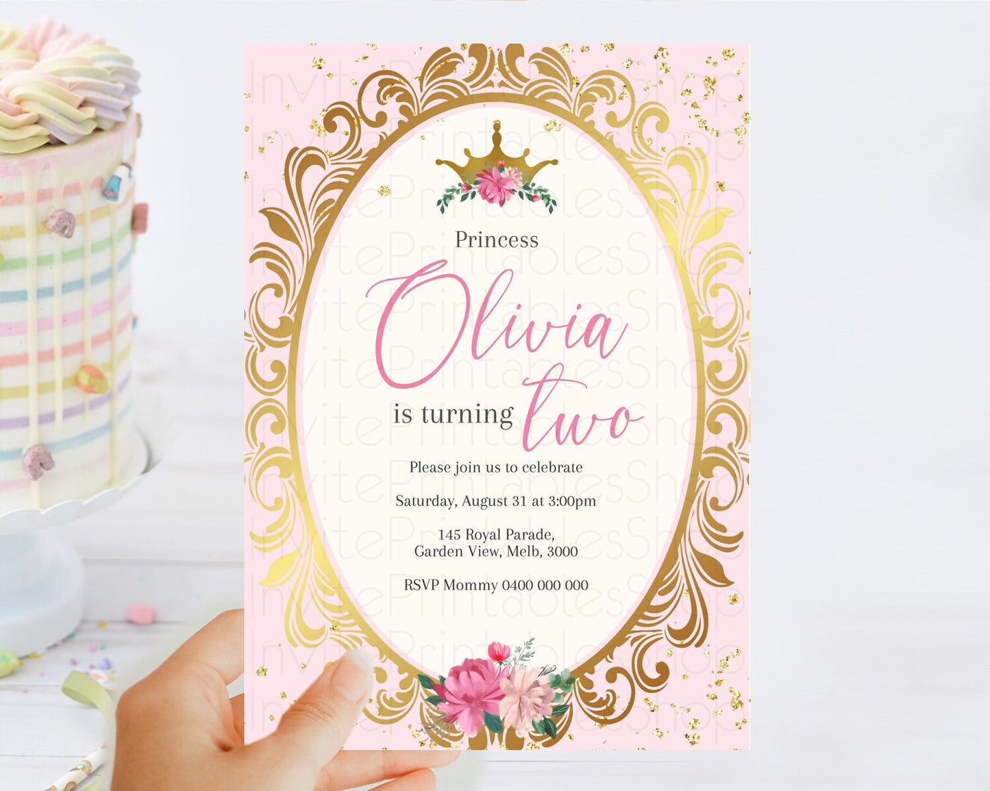 Princess Birthday Invitation Castle Invitation Royal Birthday Fairy Tale Enchanted Mirror Pastel Floral Garden 1st First Birthday D10743