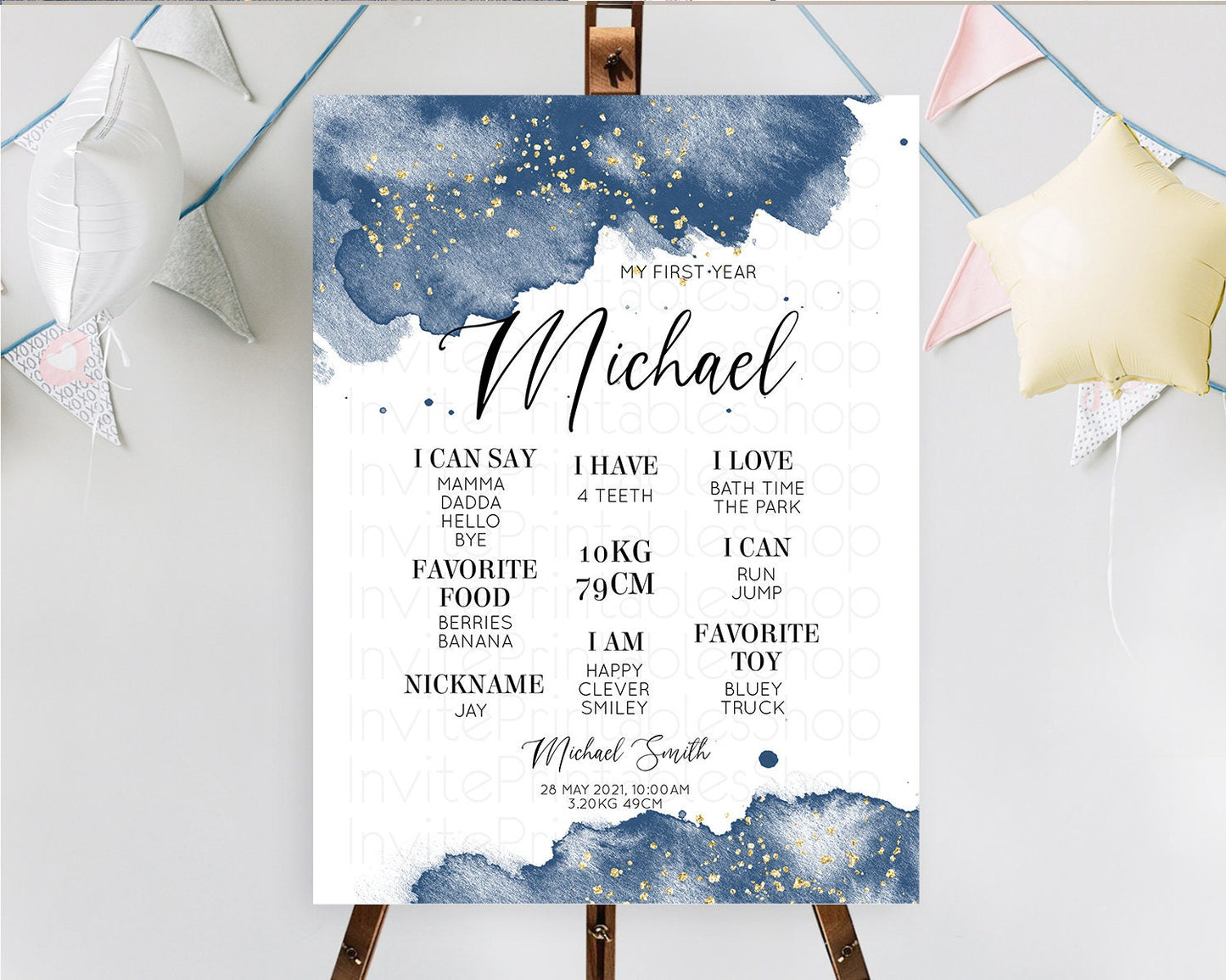 Blue First Birthday Milestone Poster Blue Watercolor Milestone Board Pastel Blue Watercolor Splash Milestone Board 1st Birthday Sign D10312