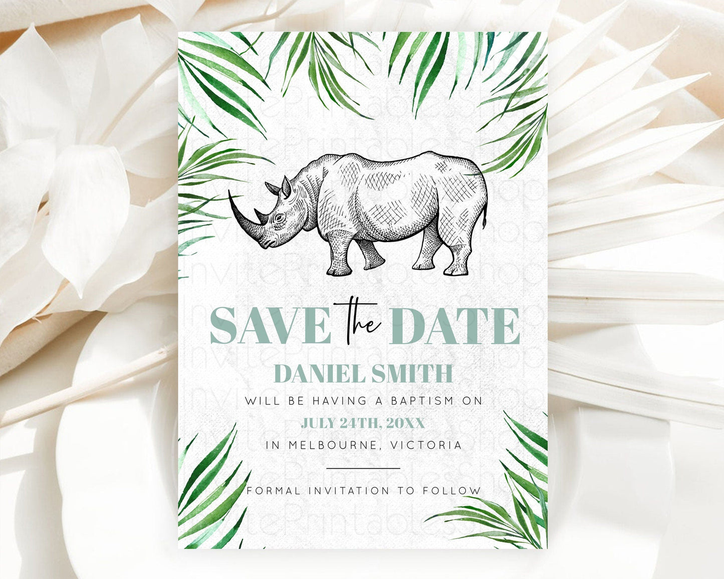 Rhino Save The Date Template Rhino Party Save The Date Safari Adventure Rhino Minimal Theme For 1st Birthday Baptism Baby Shower D10848