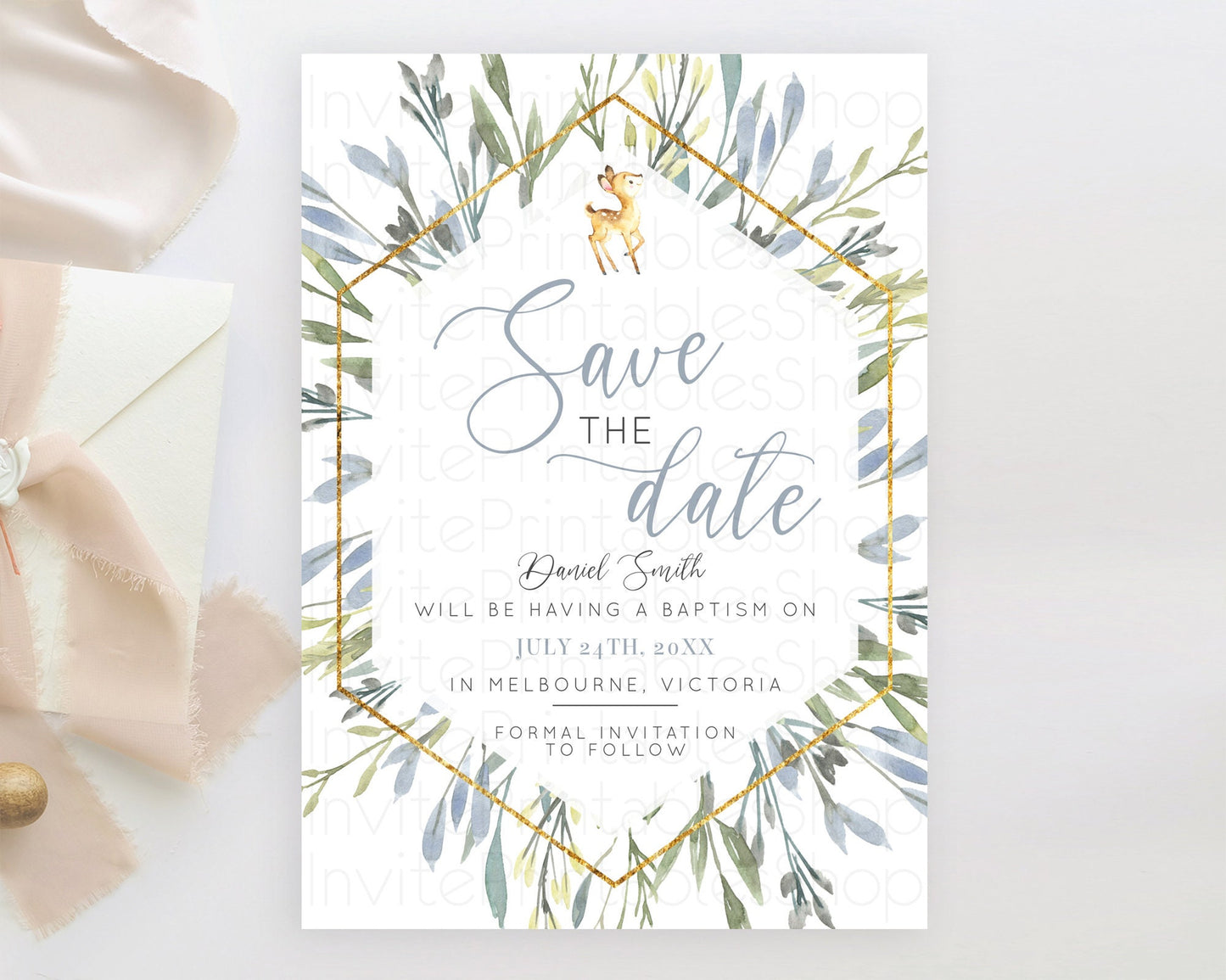 Fawn Deer Save The Date Template Pastel Floral Deer Enchanted Forest Butterfly Party 1st Birthday Baptism Baby Shower Bridal Shower D10400