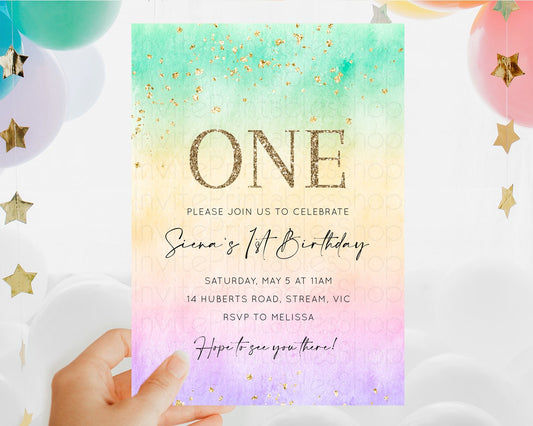 Editable Rainbow Birthday Invitation Colorful Pastel Watercolor Invitation G
