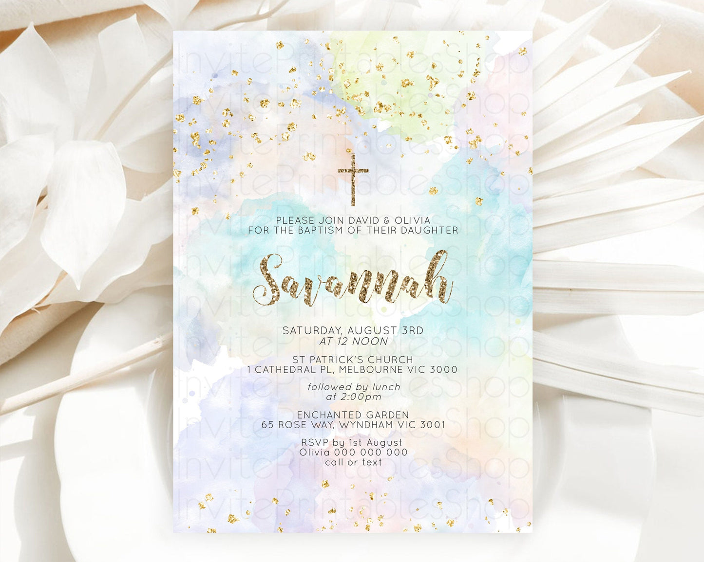 Pastel Baptism Invitation Pastel Colors Watercolor Baptism 1st Birthday Party Gold Ombre Pastel Rainbow Christening Holy Communion D10614