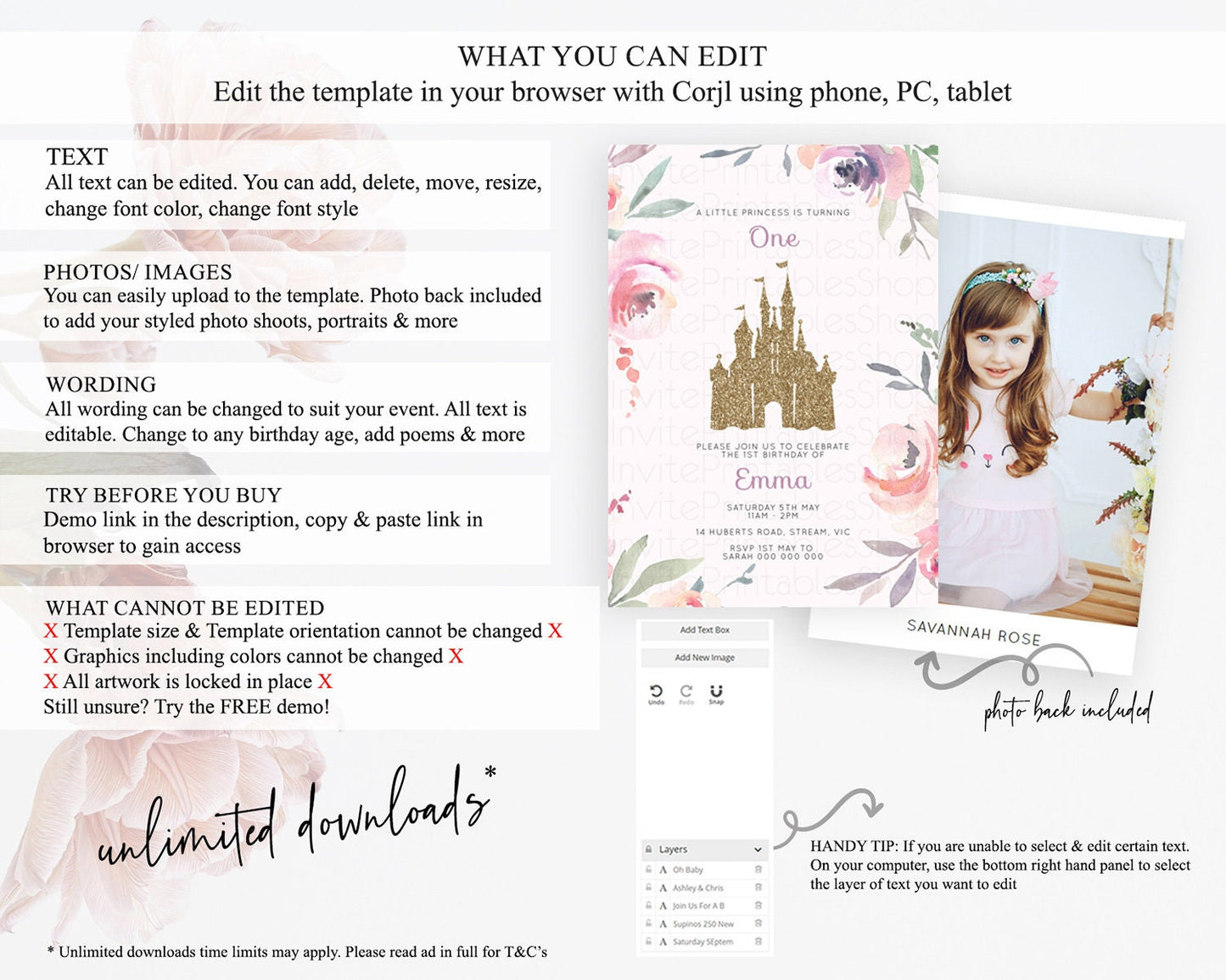 Princess Birthday Invitation Castle Invitation Royal Birthday Fairy Tale Enchanted Castle Pastel Floral Garden 1st First Birthday D10195