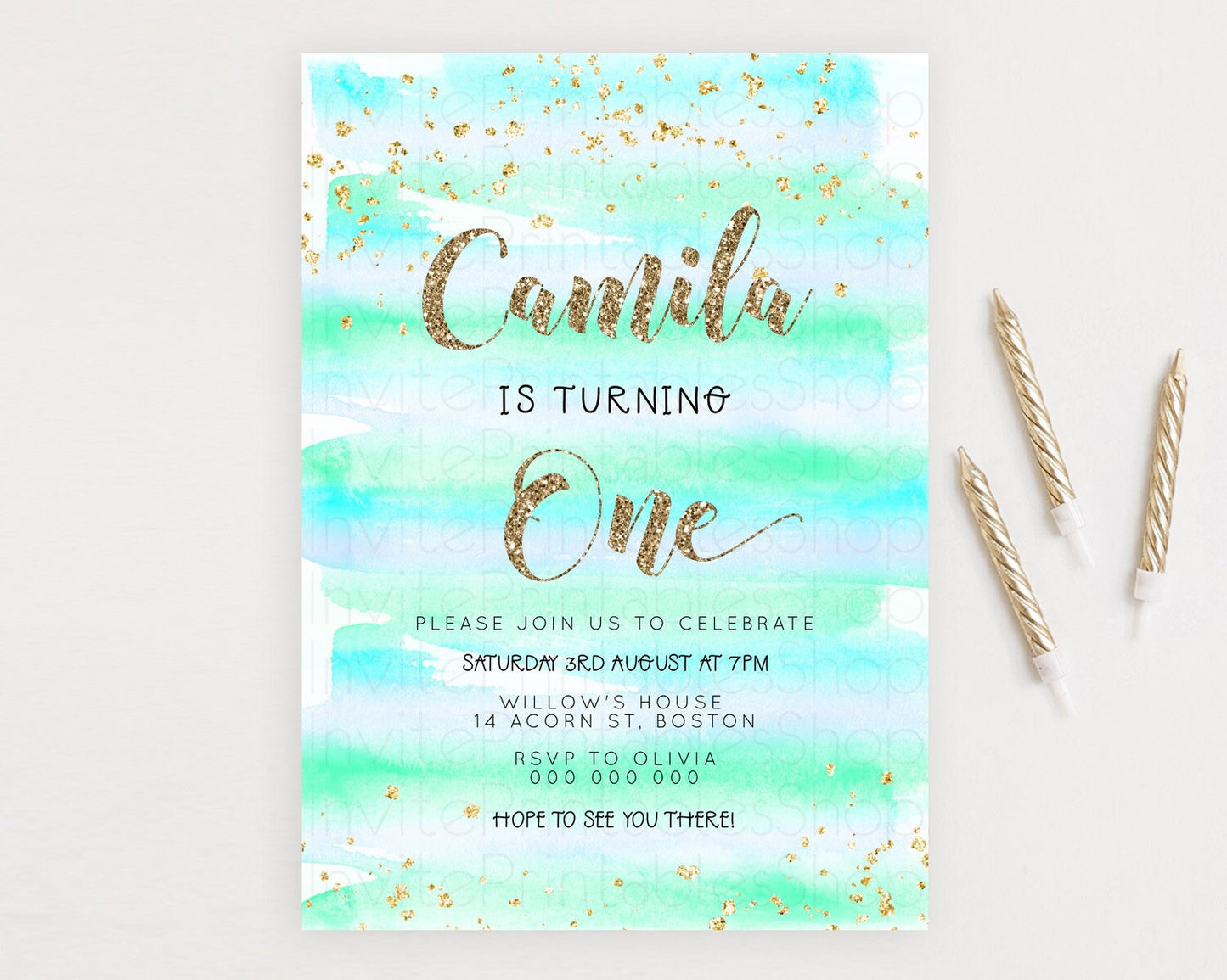 Blue Birthday Invitation Blue Watercolor Invitation Pastel Blue Watercolor Invitation Blue Splash Gold Invitation 1st First Birthday D23267