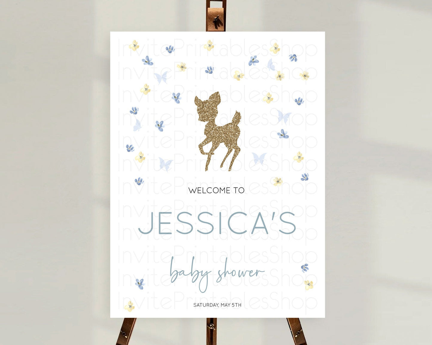 Fawn Baby Shower Welcome Sign Deer Welcome Board Floral Deer Welcome Poster Enchanted Forest Butterfly Pastel Floral Welcome Sign D10864