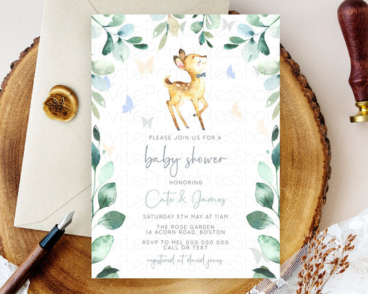 Fawn Baby Shower Invitation Deer Baby Shower Invites Enchanted Forest Theme Butterfly Pastel Flowers Whimsical Baby Shower D10767