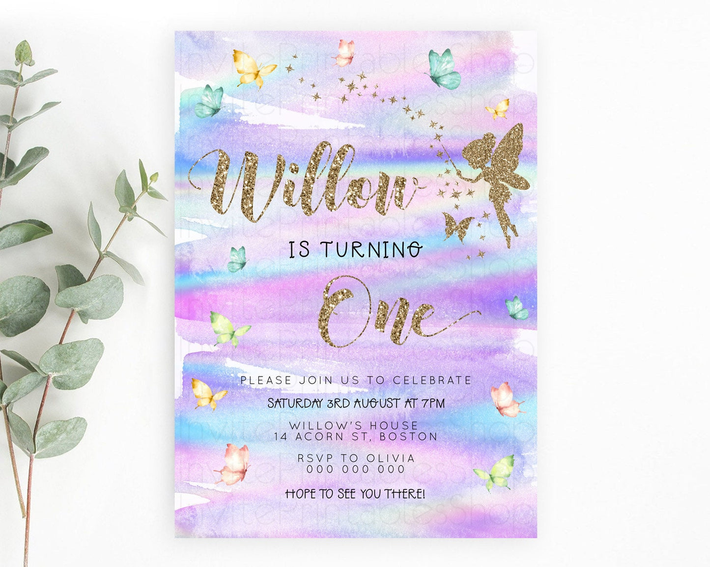 Pastel Fairy Birthday Invitation Pastel Butterflies Fairy Birthday Invitation Rainbow Ombre Watercolor 1st 2nd Birthday Invitation D23309