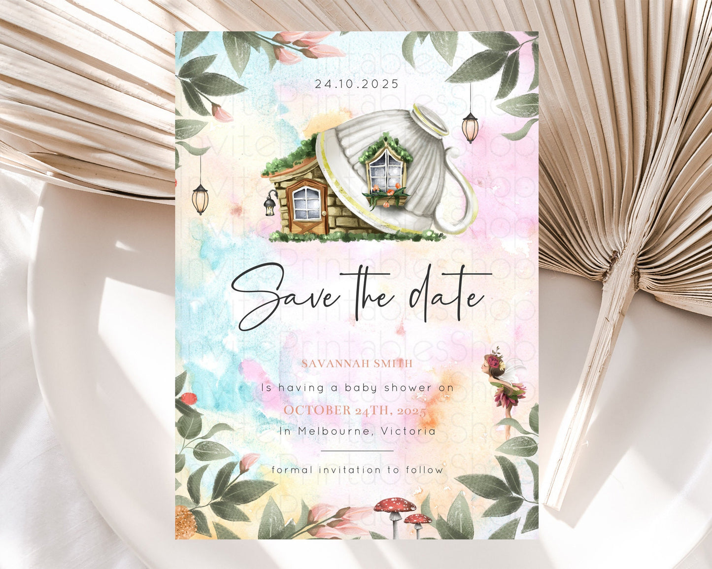 Fairy Save The Date Template Enchanted Garden Pastel Floral Butterfly Party Secret Garden Birthday Baptism Baby Shower Bridal Shower D10555