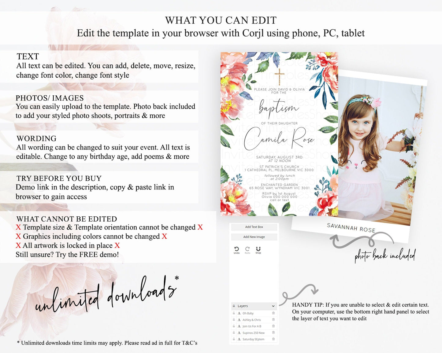 Secret Garden Baptism Invitation Wildflower Baptism Birthday Invite Pastel Flowers Christening Invite Enchanted Garden Boho Floral D10751