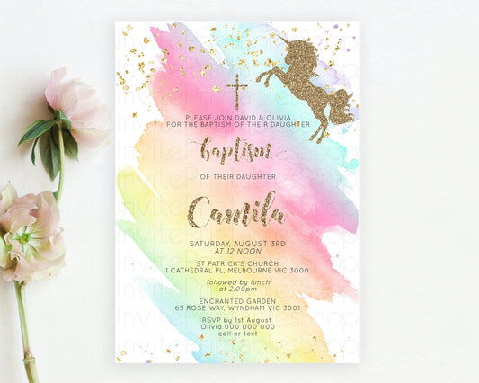 Unicorn Rainbow Baptism Invitation Pastel Baptism Birthday Invitation Magical Ombre Christening Invite Colorful Watercolor Glitter D10498