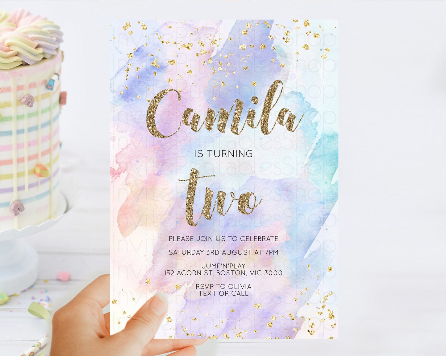 Rainbow Birthday Invitation Colorful Pastel Watercolor Invitation Gold Glitter Sprinkles Ombre Pastel 1st 2nd 3rd Birthday D10583