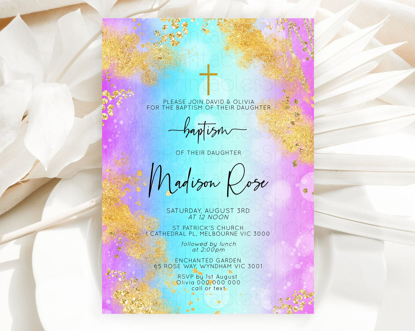 Pastel Baptism Invitation Pastel Colors Watercolor Baptism 1st Birthday Party Gold Ombre Pastel Rainbow Christening Holy Communion D10564