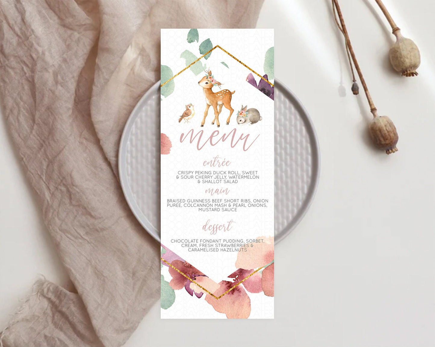 Fawn Menu Deer Menu Template Pastel Floral Deer Table Decor Enchanted Forest Butterfly Floral Dinner Dessert Menu Party Food Menu D10913