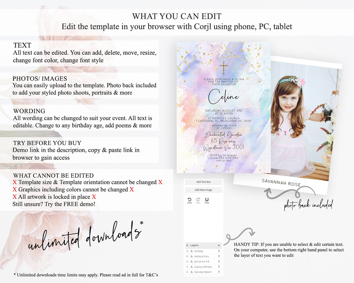 Pastel Baptism Invitation Pastel Colors Watercolor Baptism 1st Birthday Party Gold Ombre Pastel Rainbow Christening Holy Communion D10585