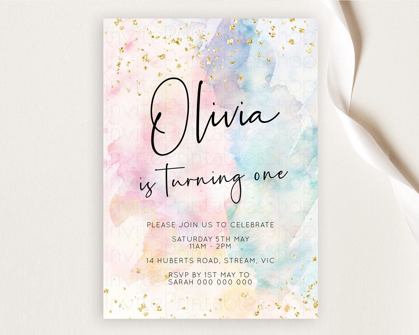 Rainbow Birthday Invitation Colorful Pastel Watercolor Invitation Gold Glitter Sprinkles Ombre Pastel 1st 2nd 3rd Birthday D10263