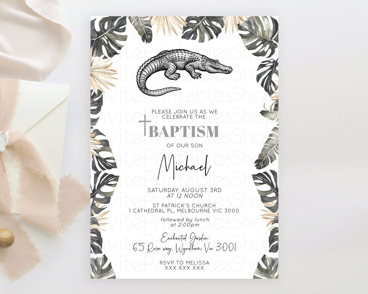 Crocodile Baptism Invitation Alligator Baptism 1st Birthday Invitation Later Alligator Swamp Safari Crocodile Christening Invitation D10830