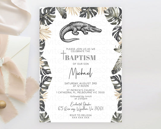 Crocodile Baptism Invitation Alligator Baptism 1st Birthday Invitation Later Alligator Swamp Safari Crocodile Christening Invitation D10830