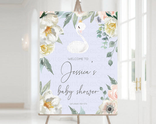 Swan Baby Shower Welcome Board Swan Princess Ballet Welcome Sign Enchanted Swan Lake Secret Garden Pastel Floral Swan Welcome Sign D10756