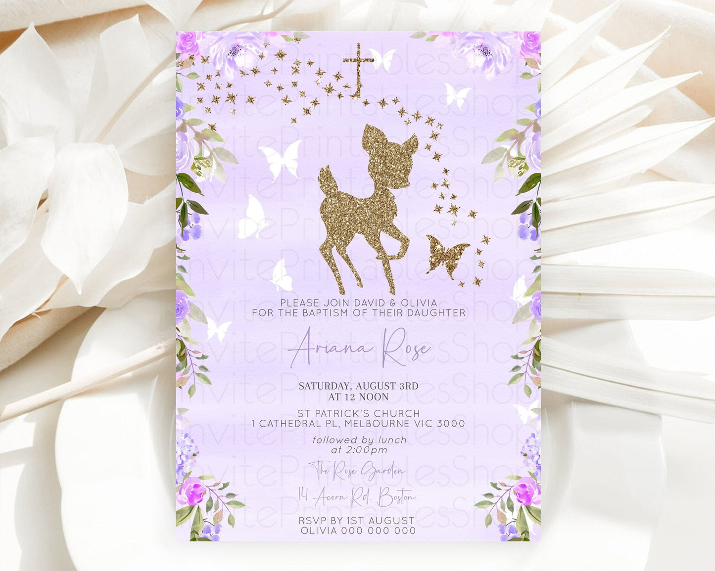 Fawn Baptism Invitation Deer Baptism 1st Birthday Invitation Enchanted Forest Christening Invitation Pastel Garden Butterfly Floral D10963