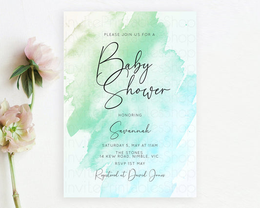 Green Baby Shower Invitation Green Watercolor Baby Shower Invitation Pastel Green Watercolor Invitation Green Splash Gold Invitation D10166