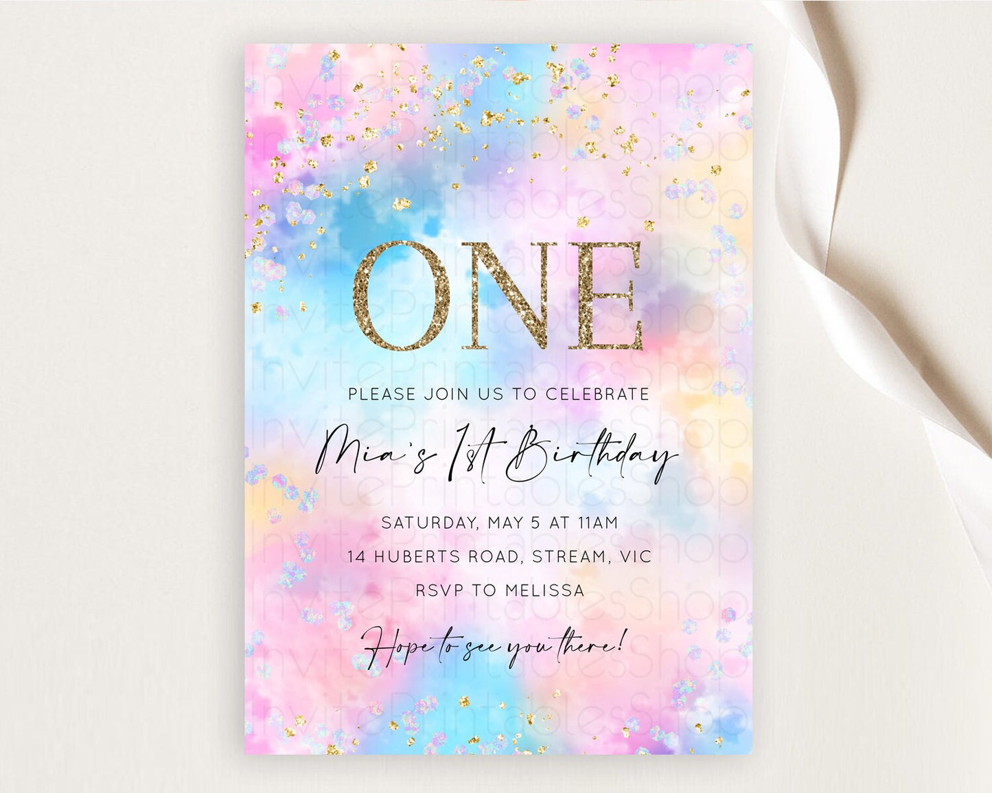 Rainbow Birthday Invitation Colorful Pastel Watercolor Invitation Gold Glitter Sprinkles Ombre Pastel 1st 2nd 3rd Birthday D10607
