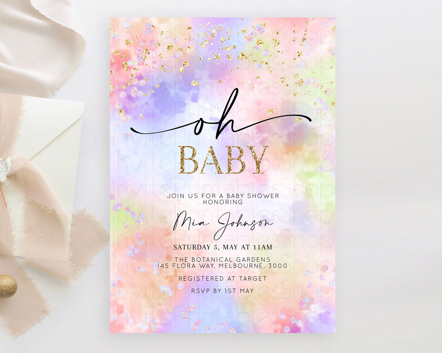 Pastel Baby Shower Invitation Rainbow Baby Shower Invitation Colorful Pastel Watercolor Invitation Gold Glitter Sprinkles Ombre D10610