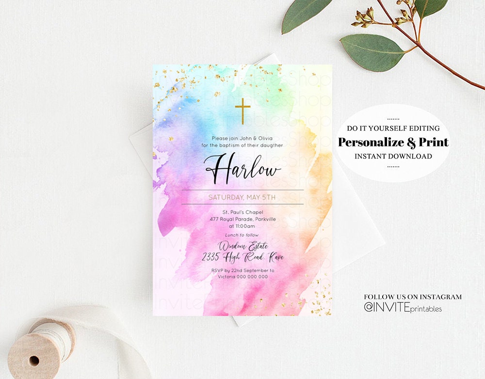 Rainbow Baptism Invitation Pastel Watercolor Christening Invitation Glitter Invite Colorful Splash Invite Gold Cross Holy Communion