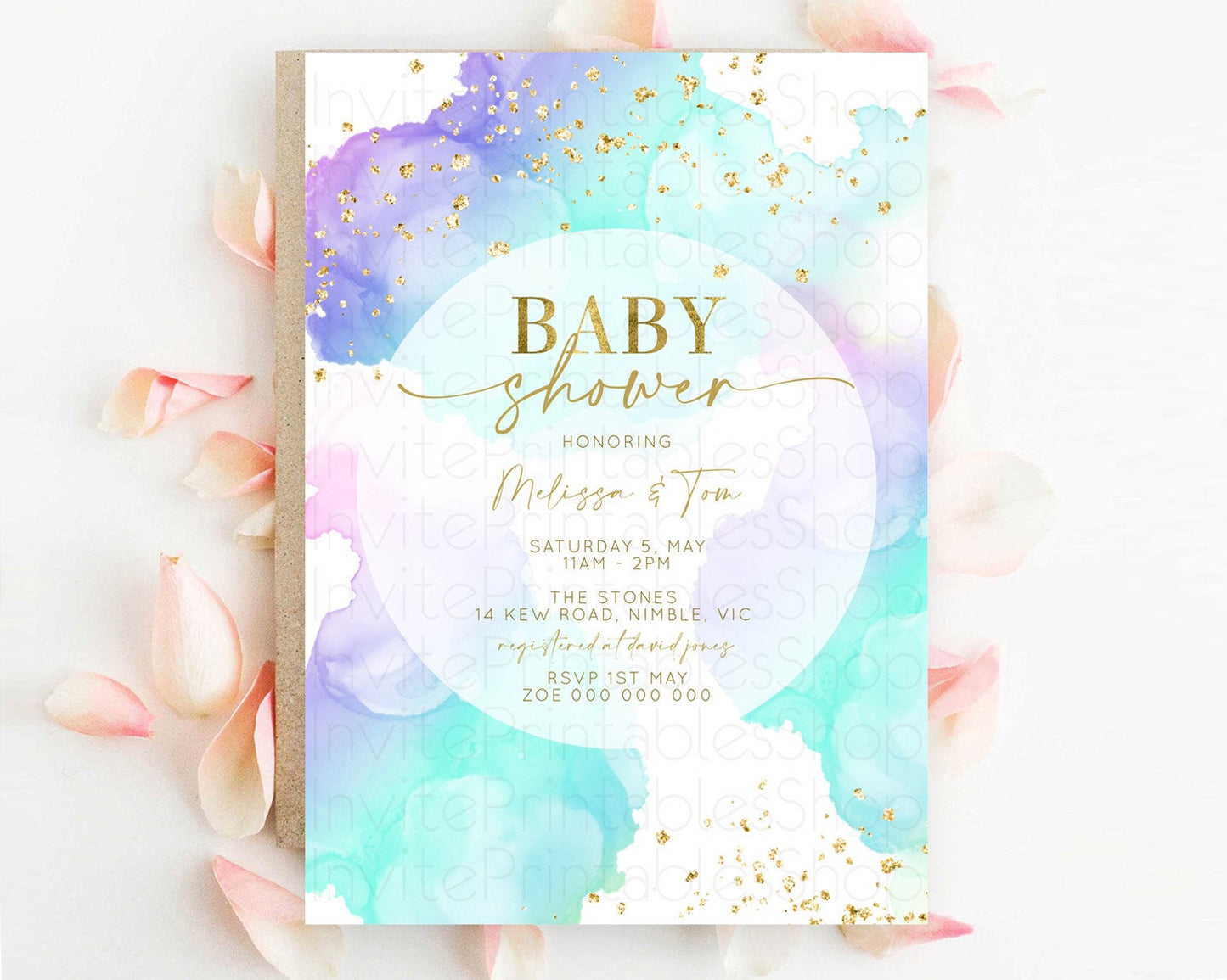 Pastel Baby Shower Invitation Rainbow Baby Shower Invitation Colorful Pastel Watercolor Invitation Gold Glitter Sprinkles Ombre D10212