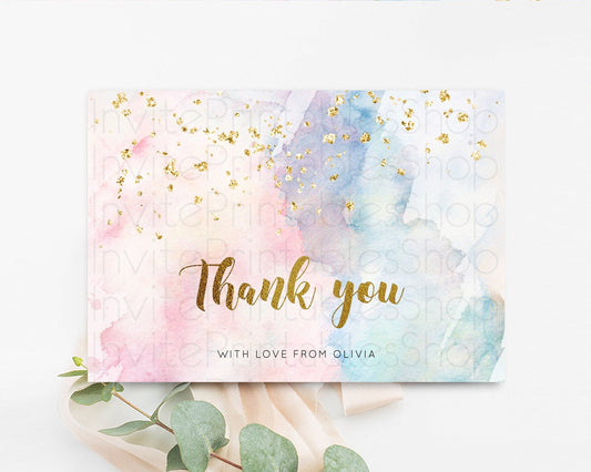Pastel Rainbow Thank you Colorful Watercolor Gift Cards Splash Gold Glitter Card Birthday Engaged Baby Shower Wedding Folded/ Postcard 276