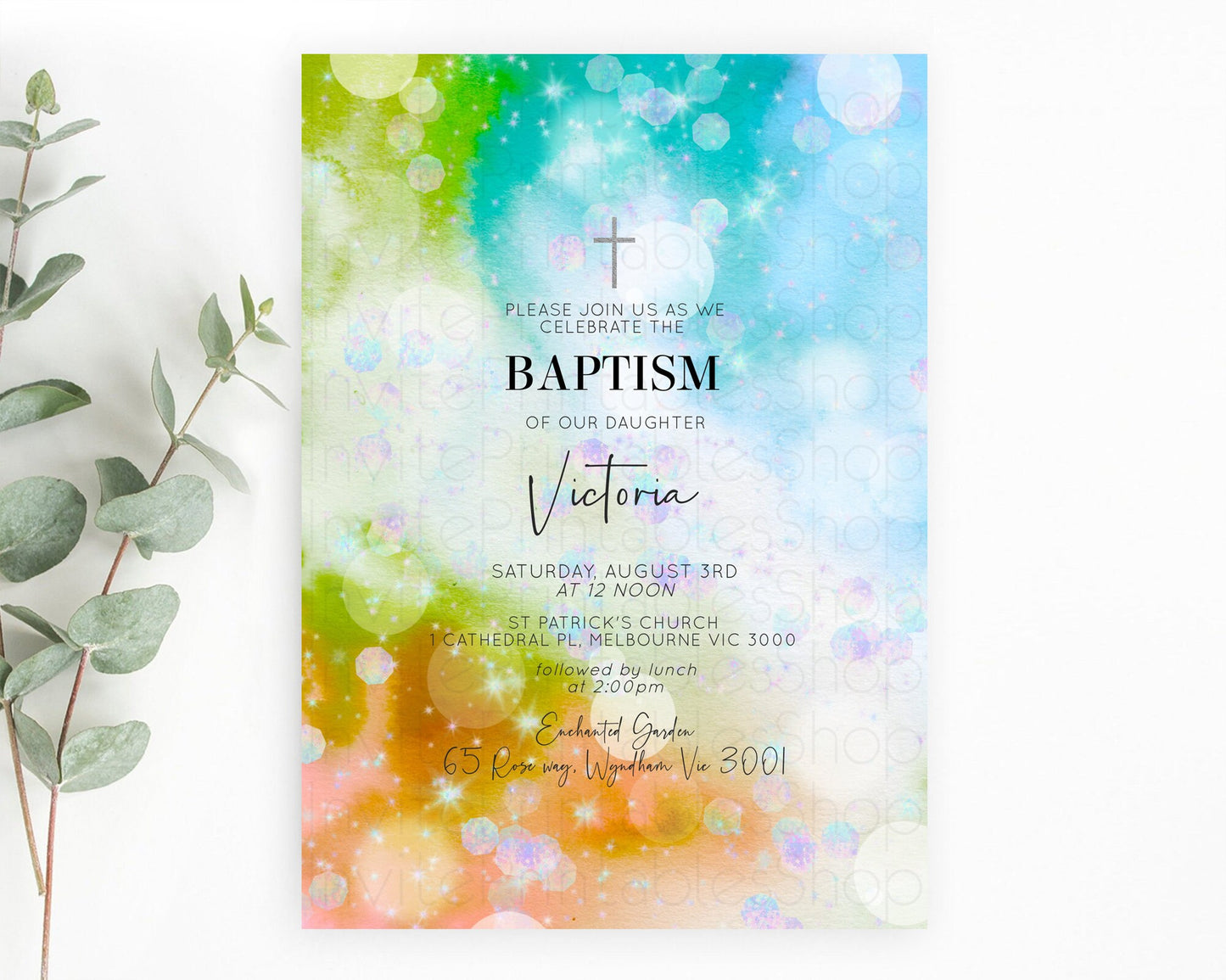 Rainbow Baptism Invitation Colorful Pastel Watercolor Baptism 1st Birthday Invitation Iridescent Glitter Sprinkles Ombre Christening D10692