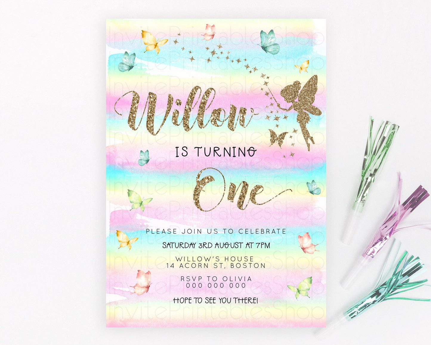 Pastel Fairy Birthday Invitation Pastel Butterflies Fairy Birthday Invitation Rainbow Ombre Watercolor 1st 2nd Birthday Invitation D23312