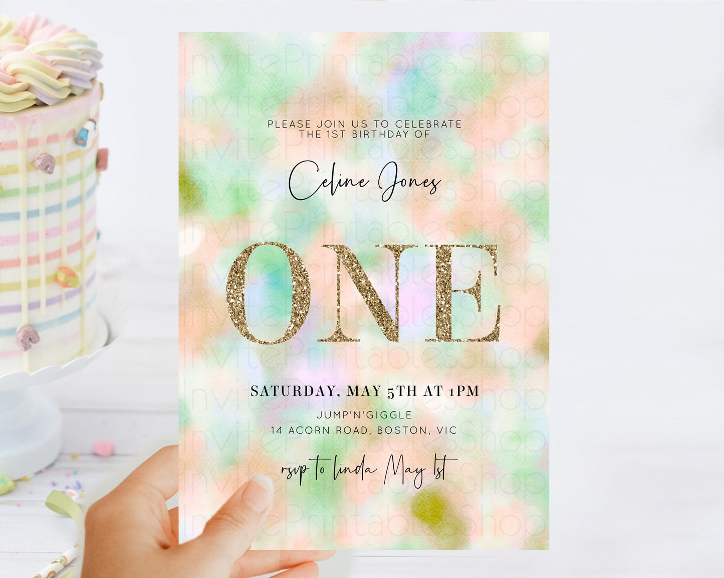 Rainbow Birthday Invitation Colorful Pastel Watercolor Invitation Gold Glitter Sprinkles Ombre Pastel 1st 2nd 3rd Birthday D10693