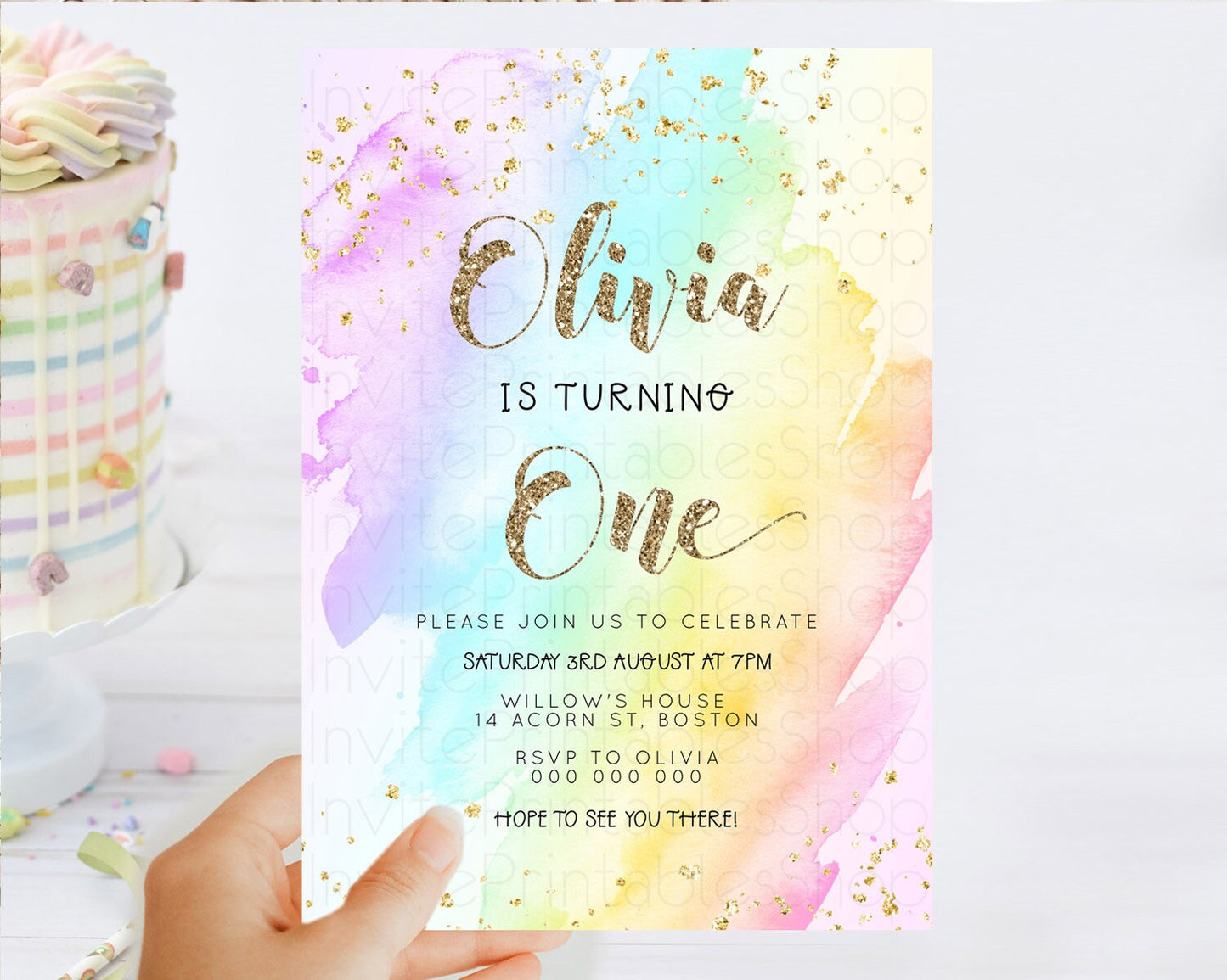 Rainbow Birthday Invitation Colorful Pastel Watercolor Invitation Gold Glitter Sprinkles Ombre Pastel 1st 2nd 3rd Birthday D23286