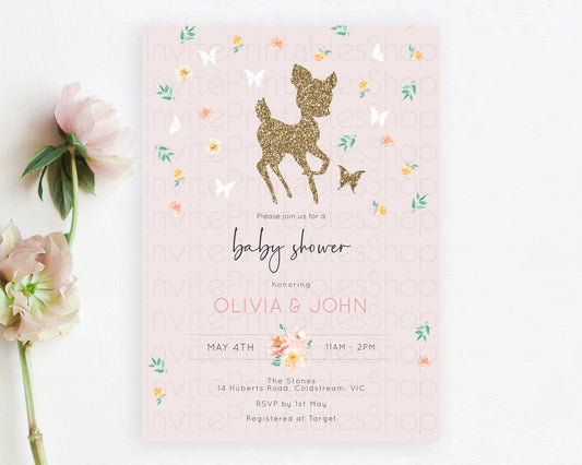 Fawn Baby Shower Invitation, Enchanted Forest Theme Glitter Deer, Butterflies, Pastel Flowers - Whimsical Floral Pink, Orange, Green D10386