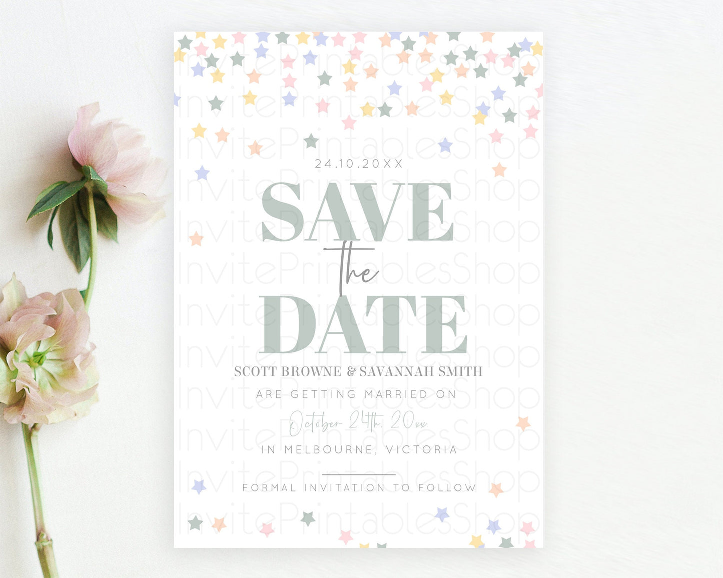 Twinkle Stars Save The Date Template Pastel Twinkle Little Star Party Shooting Star Confetti Sprinkles Birthday Baptism Baby Shower D10795