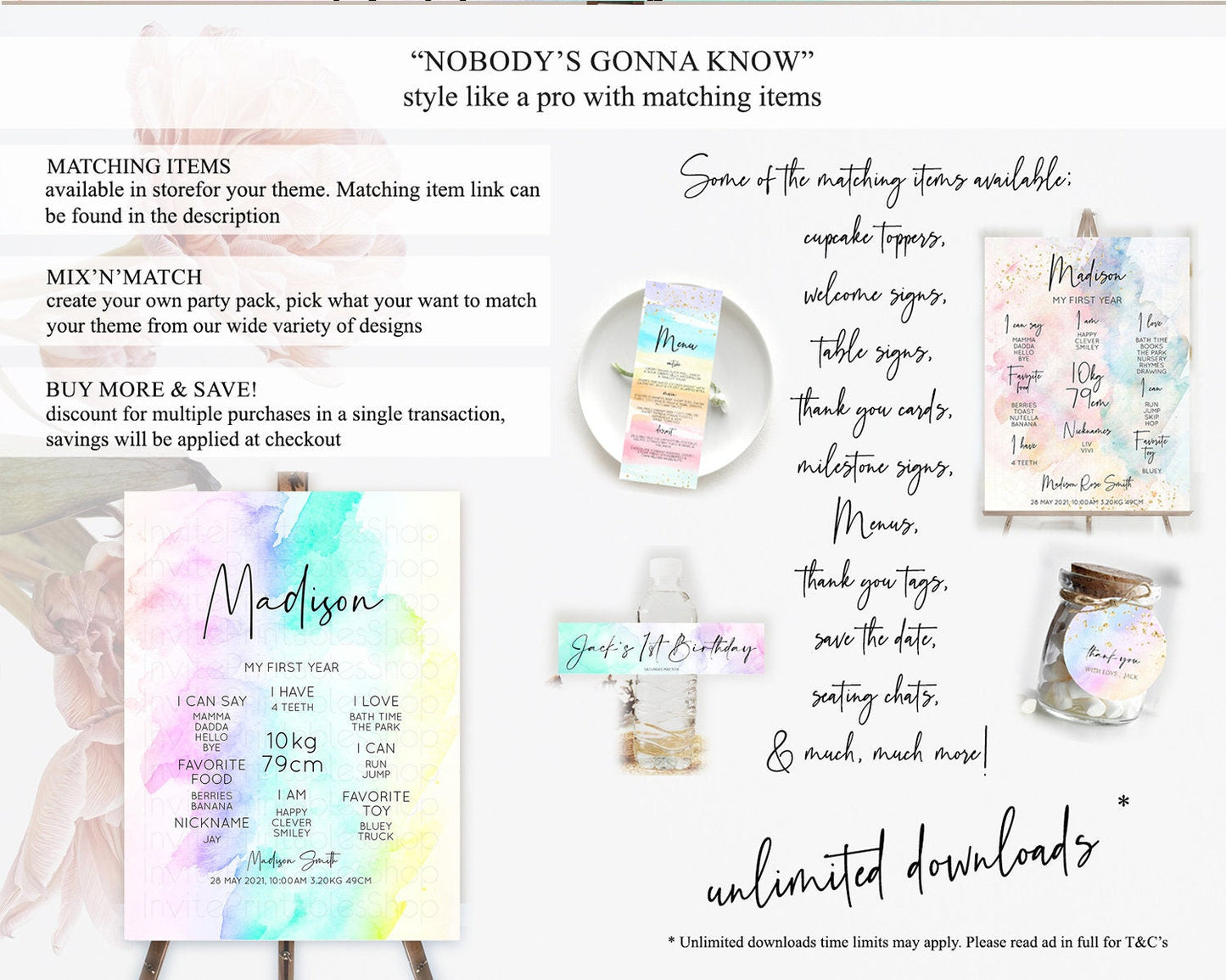 Pastel First Birthday Milestone Board Pastel Rainbow Milestone Poster Colorful Confetti Watercolor Glitter 1st Birthday Welcome Sign D10231