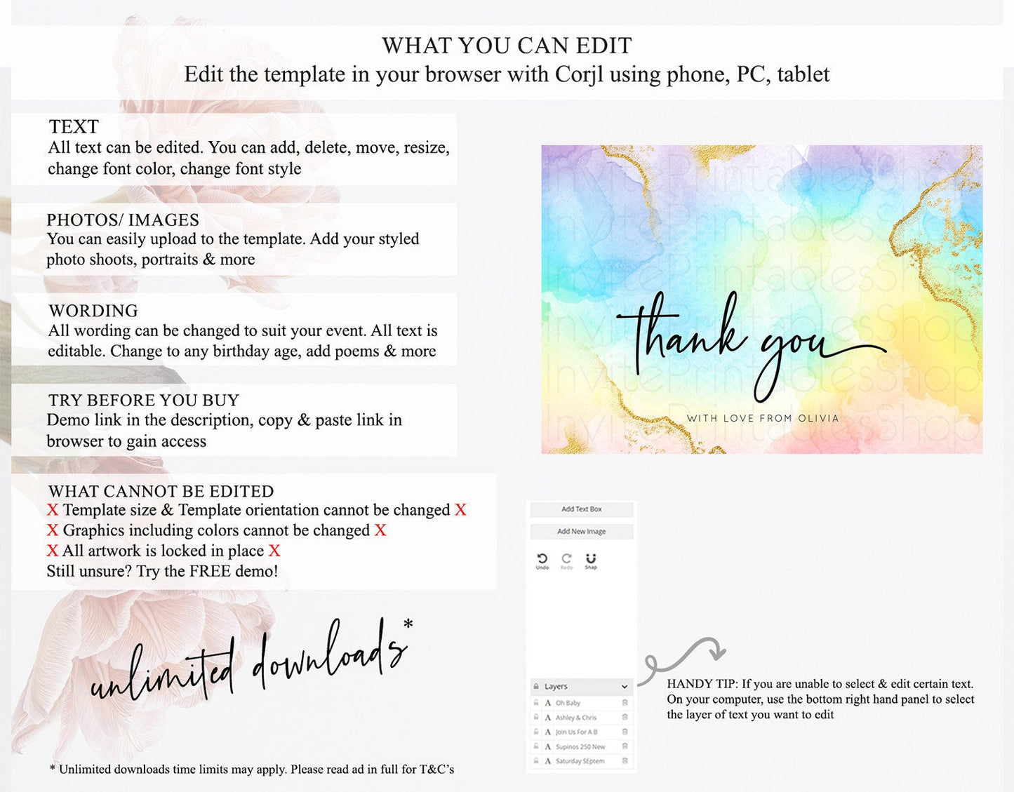 Pastel Thank You Rainbow Thank You Card Colorful Pastel Birthday Thank You Card Confetti Watercolor Pastel Teacher Thank You Cards D10588