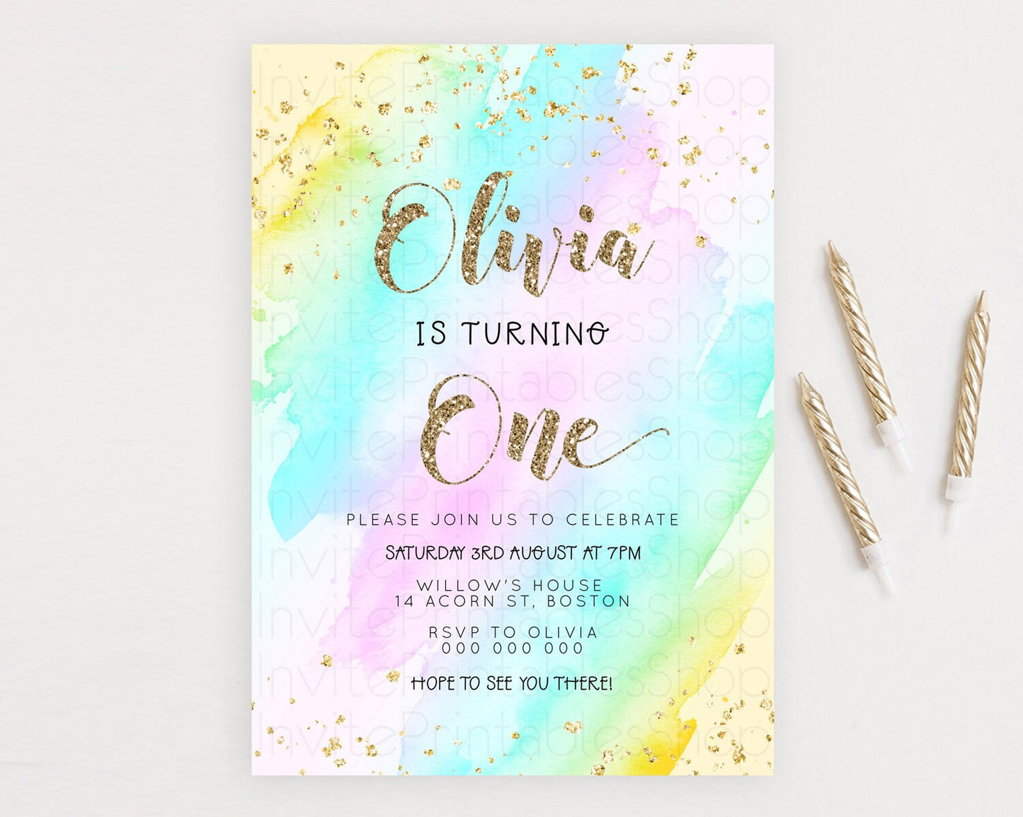 Rainbow Birthday Invitation Colorful Pastel Watercolor Invitation Gold Glitter Sprinkles Ombre Pastel 1st 2nd 3rd Birthday D23285