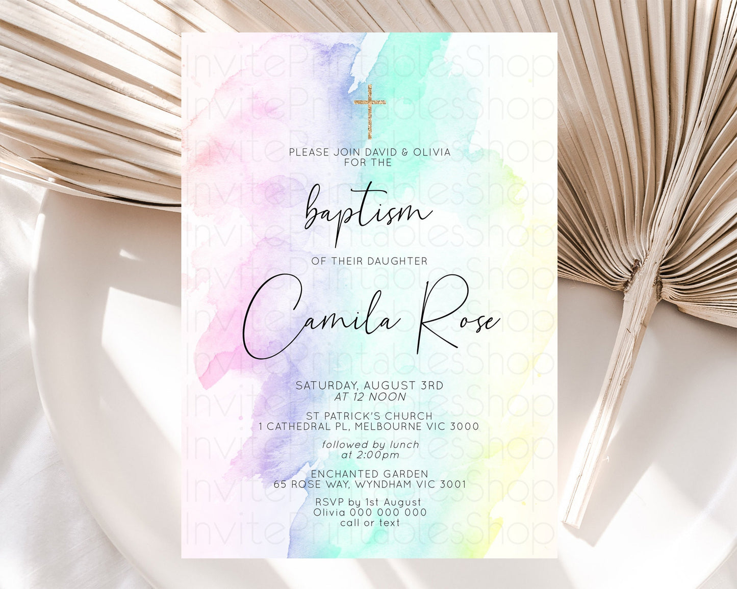 Pastel Baptism Invitation Pastel Colors Watercolor Baptism 1st Birthday Party Gold Ombre Pastel Rainbow Christening Holy Communion D10231