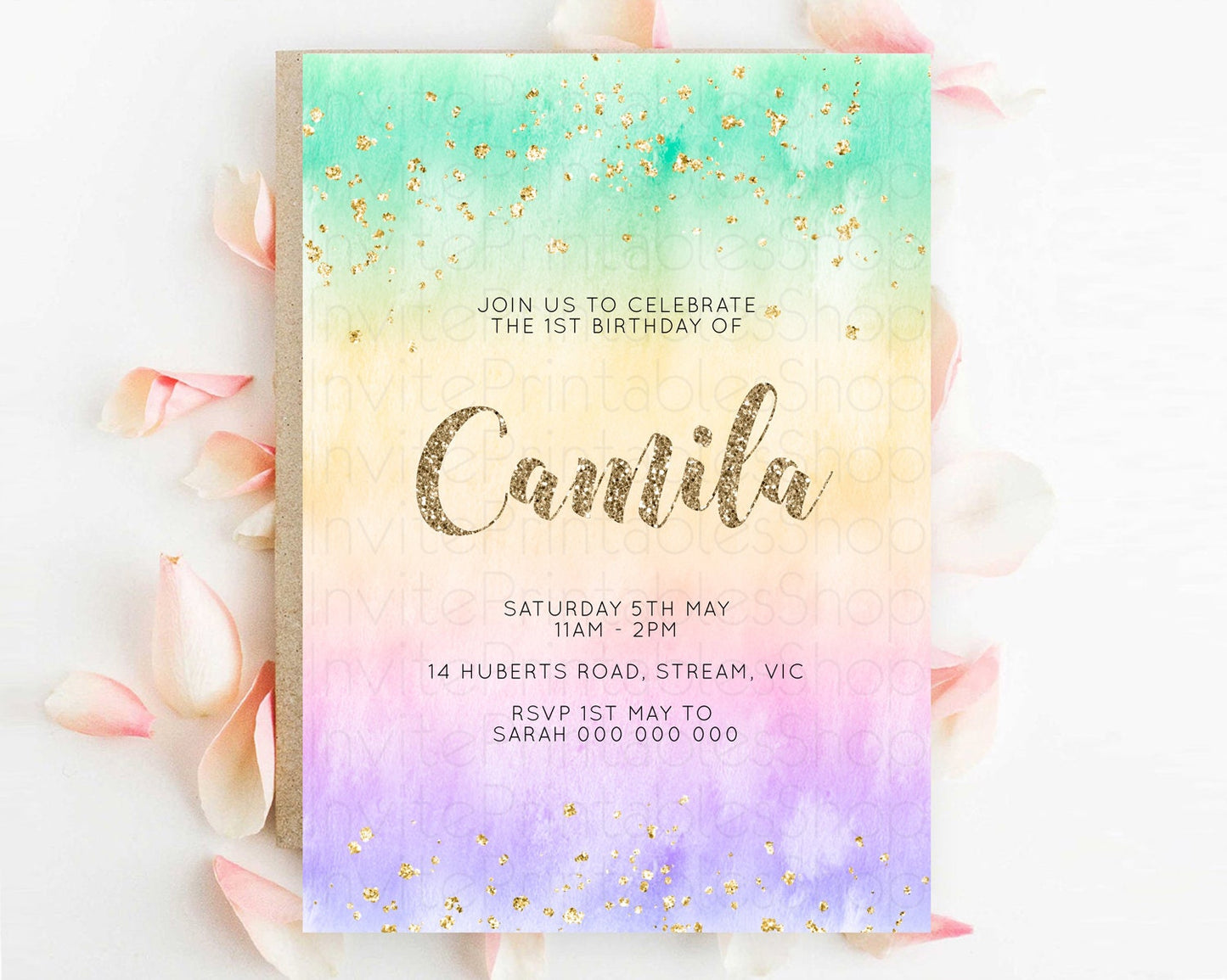 Rainbow Birthday Invitation Colorful Pastel Watercolor Invitation Gold Glitter Sprinkles Ombre Pastel 1st 2nd 3rd Birthday D10478