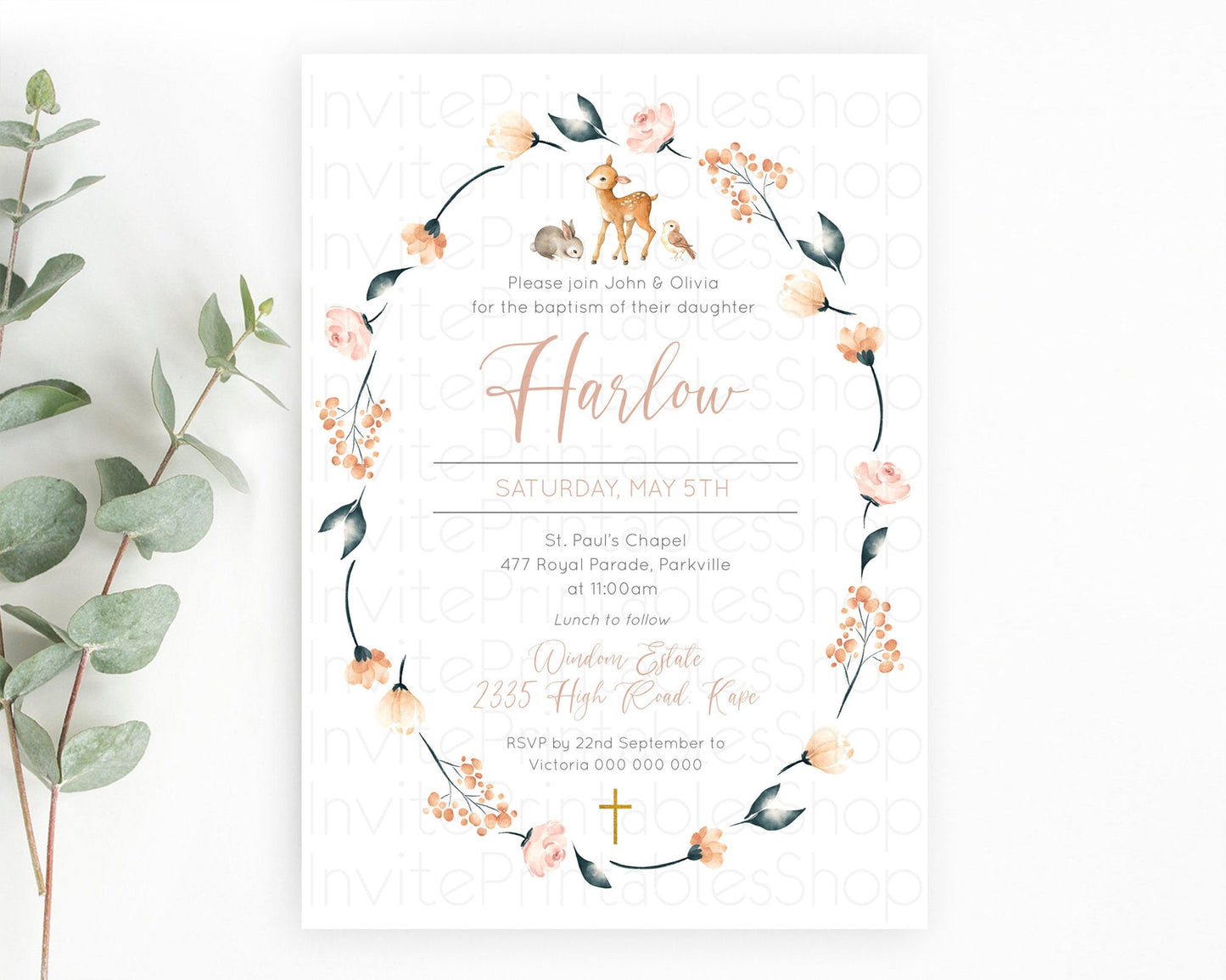 Fawn Baptism Invitation Deer Baptism 1st Birthday Invitation Enchanted Forest Christening Invitation Pastel Garden Butterfly Floral D10241