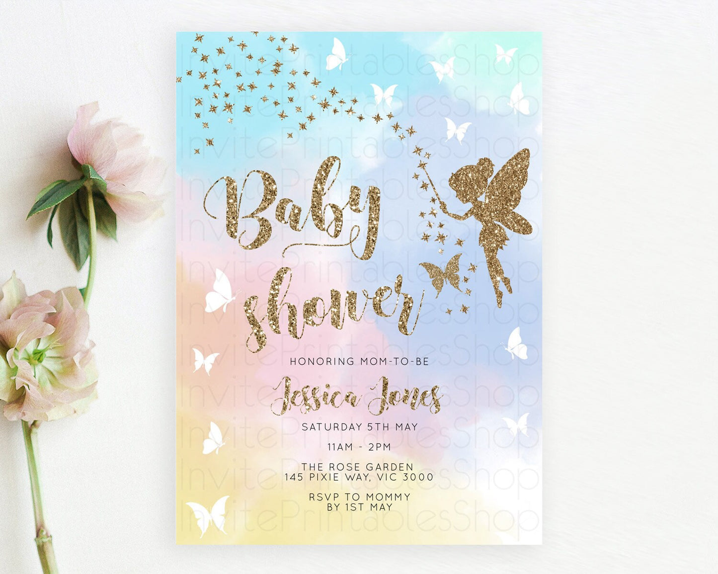 Fairy Baby Shower Invitation Pastel Fairy Invites Fairy Tea Party Fairy Garden Theme Secret Garden Enchanted Garden Floral Butterfly D10894