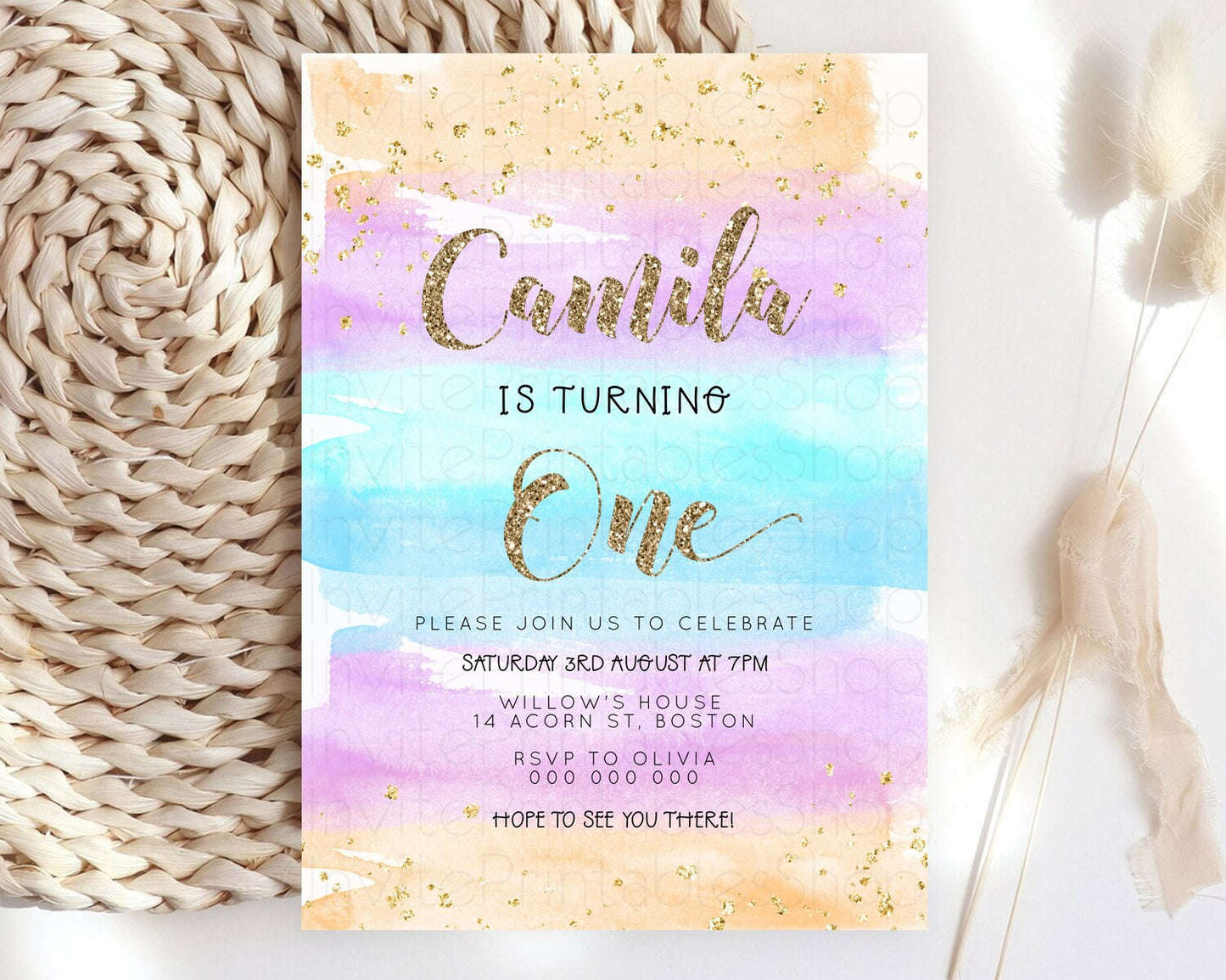 Rainbow Birthday Invitation Colorful Pastel Watercolor Invitation Gold Glitter Sprinkles Ombre Pastel 1st 2nd 3rd Birthday D23272
